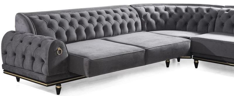 Casa Padrino Luxus Art Deco Chesterfield Wohnzimmer Set Grau / Schwarz / Gold - 1 Ecksofa mit Kissen & 1 Couchtisch - Edle Wohnzimmer Möbel - Luxus Qualität