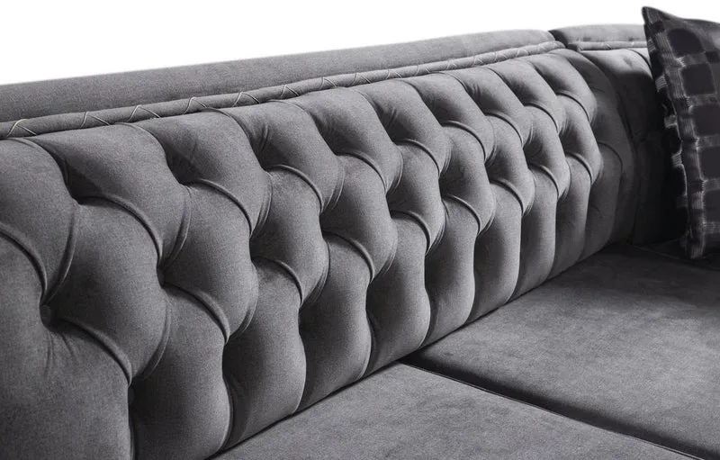 Casa Padrino Luxus Art Deco Chesterfield Wohnzimmer Set Grau / Schwarz / Gold - 1 Ecksofa mit Kissen & 1 Couchtisch - Edle Wohnzimmer Möbel - Luxus Qualität