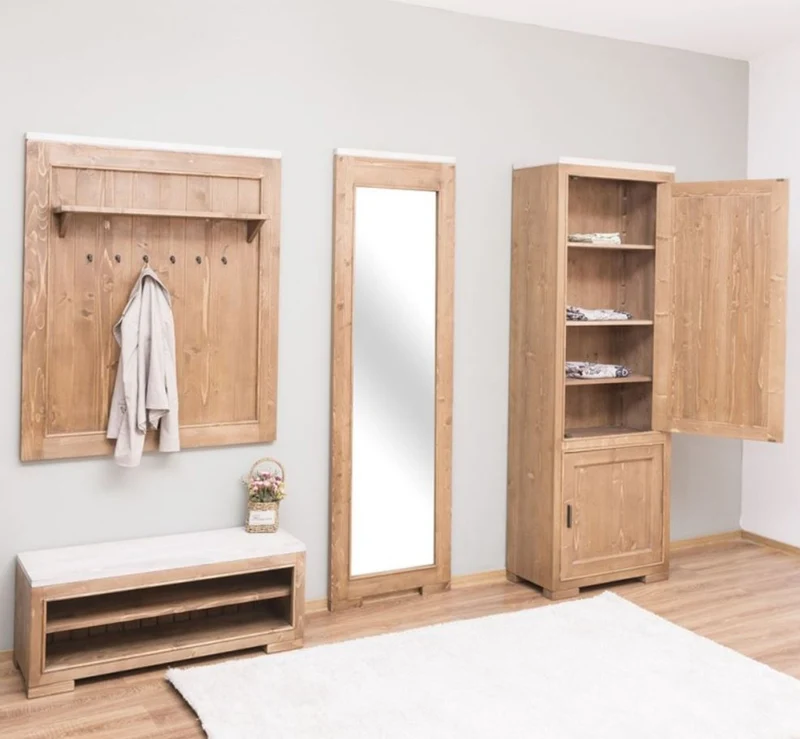 Casa Padrino Landhausstil Massivholz Garderobenmöbel Set Naturfarben / Weiß - 1 Garderobe & 1 Schuhschrank & 1 Wandspiegel & 1 Kleiderschrank - Landhausstil Möbel