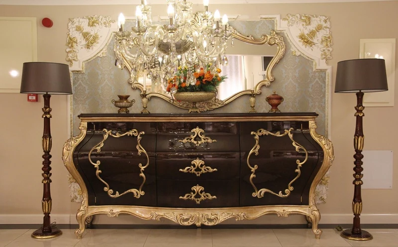 Casa Padrino Luxus Barock Kommode mit Wandspiegel Dunkelbraun / Gold - Handgefertigter Massivholz Schrank mit elegantem Spiegel - Prunkvolle Möbel im Barockstil