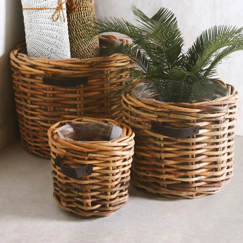 Dickes CL Rattan Pflanzkorb CESTINO natural ca.D35cm Ledergriffe