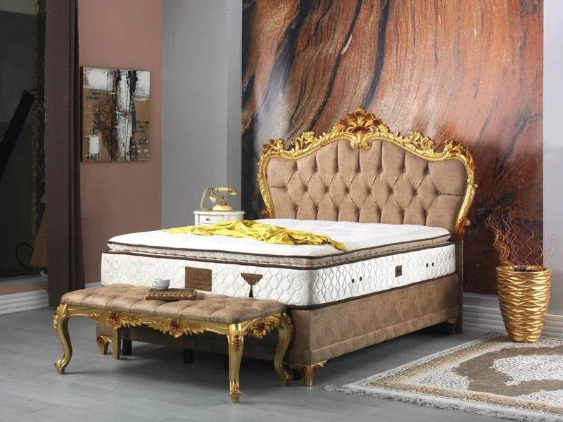 Casa Padrino Barock Doppelbett Braun / Gold - Prunkvolles Samt Bett mit Matratze - Schlafzimmer Set im Barockstil - Schlafzimmermöbel