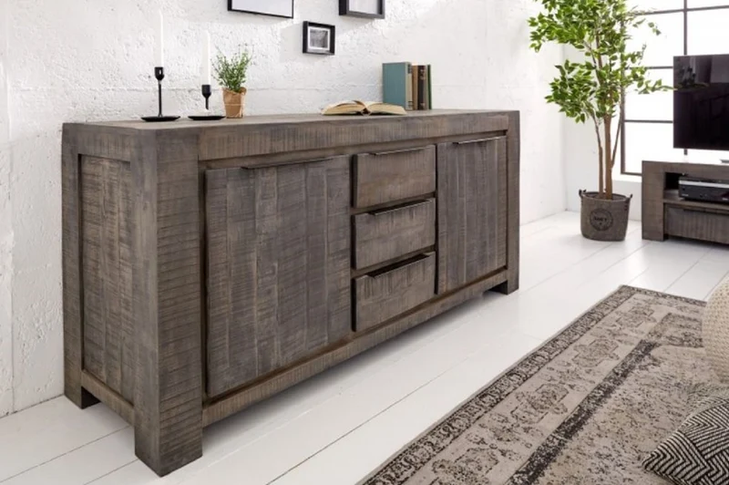 Casa Padrino Landhausstil Sideboard Grau 175 x 50 x H. 76 cm - Massivholz Schrank mit 2 Türen und 3 Schubladen - Wohnzimmer Möbel
