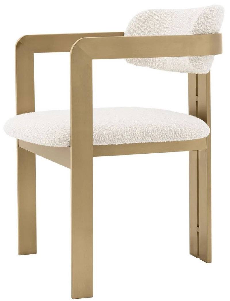 Casa Padrino Luxus Esszimmerstuhl Creme / Messingfarben 57,5 x 58 x H. 79 cm - Edler Küchenstuhl mit Armlehnen - Luxus Esszimmer Möbel