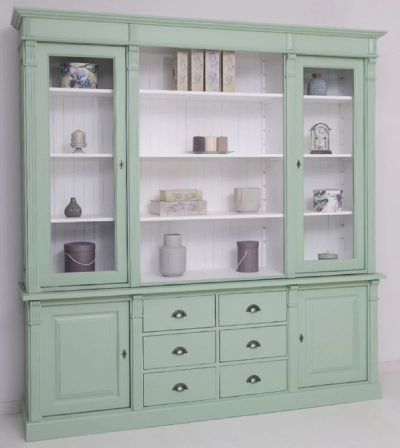 Casa Padrino Landhausstil Esszimmerschrank Hellgrün / Weiß 223 x 51 x H. 228 cm - Massivholz Schrank - Küchenschrank - Landhausstil Esszimmer Möbel