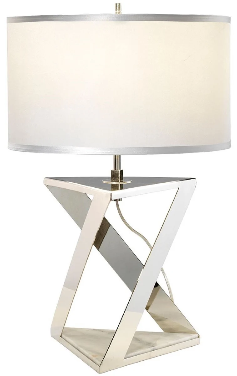 Casa Padrino Luxus Tischleuchte Silber / Weiß / Grau Ø 32 x H. 70 cm - Moderne Tischlampe mit rundem Kunstseide Lampenschirm - Luxus Kollektion