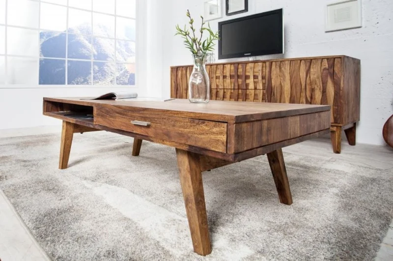 Casa Padrino Massivholz Couchtisch Naturfarben 100 x 55 x H. 40 cm - Wohnzimmertisch im Retro Style - Retro Design Wohnzimmer Möbel