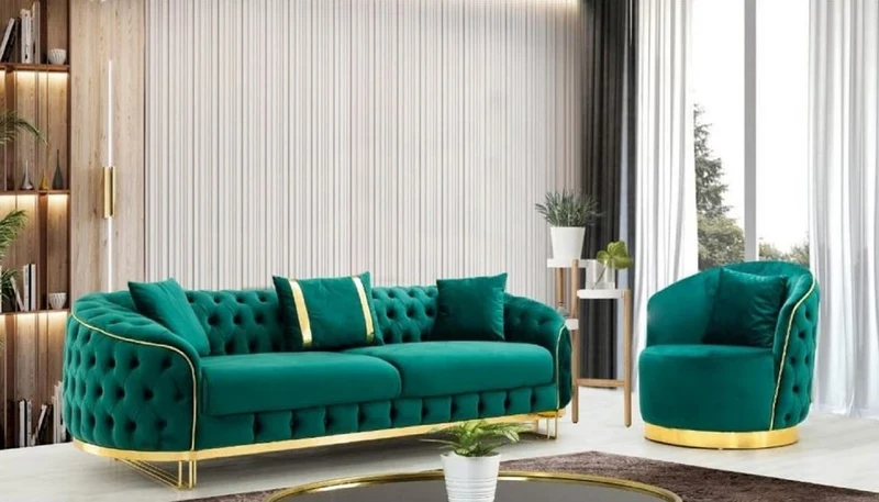 Casa Padrino Luxus Chesterfield Sessel Grün / Gold 90 x 95 x H. 75 cm - Moderner Wohnzimmer Sessel - Chesterfield Wohnzimmer Möbel