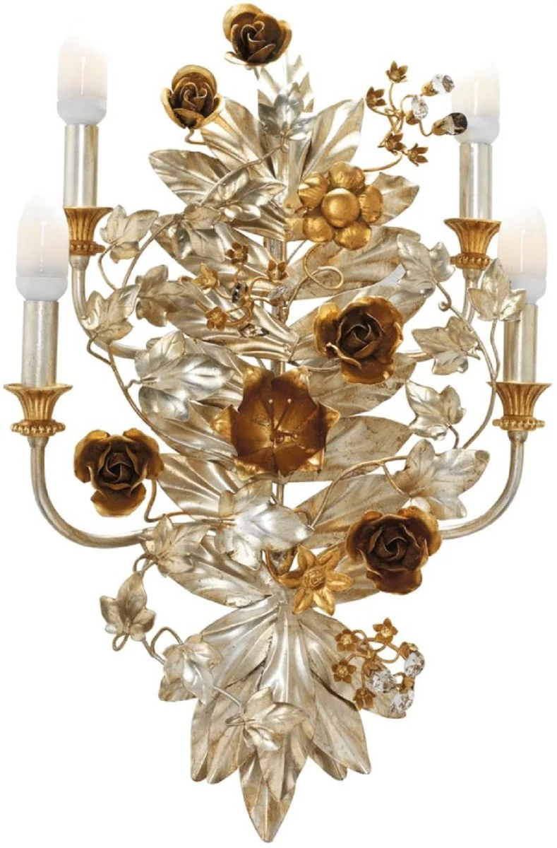 Casa Padrino Luxus Jugendstil Kristall Wandleuchte Rosen & Blumen Silber / Gold 42 x 18 x H. 65 cm - Barock & Jugendstil Wandleuchten