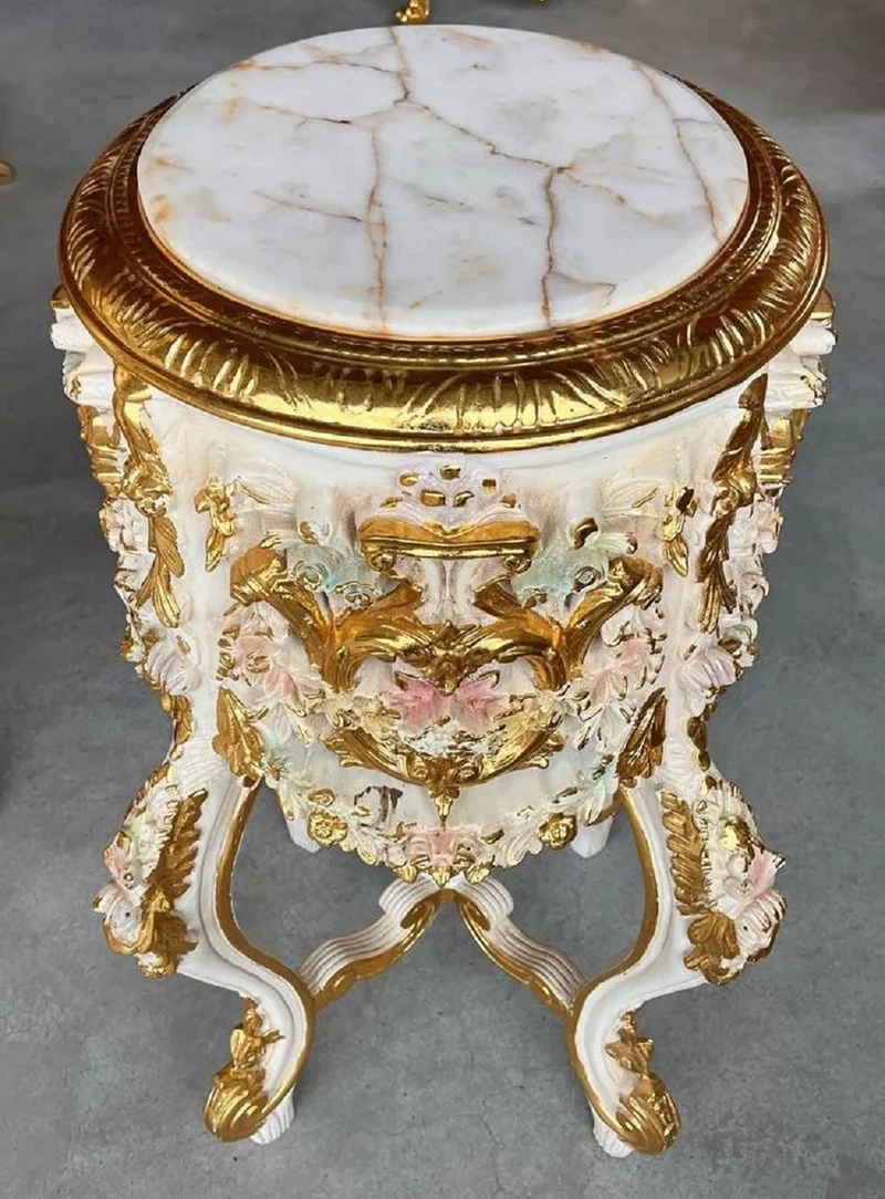 Casa Padrino Barock Säule mit Marmorplatte Weiß / Rosa / Gold - Prunkvoller Antik Stil Massivholz Blumentisch - Wohnzimmer Möbel im Barockstil - Antik Stil Möbel - Barock Möbel