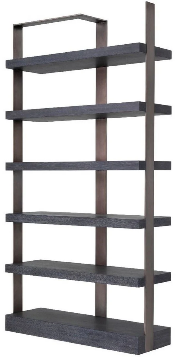Casa Padrino Luxus Regalschrank Schwarz / Bronze 120,5 x 40 x H. 230 cm - Eichenfurnier Schrank mit Edelstahlrahmen - Bücherschrank - Luxus Wohnzimmer Möbel