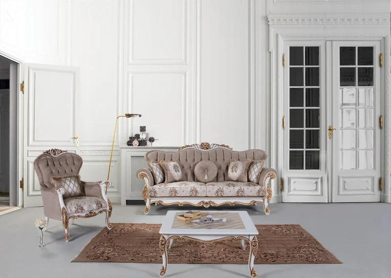 Casa Padrino Luxus Barock Wohnzimmer Set Grau / Mehrfarbig / Weiß / Bronze - 2 Sofas & 2 Sessel & 1 Couchtisch - Wohnzimmer Möbel im Barockstil - Edel & Prunkvoll