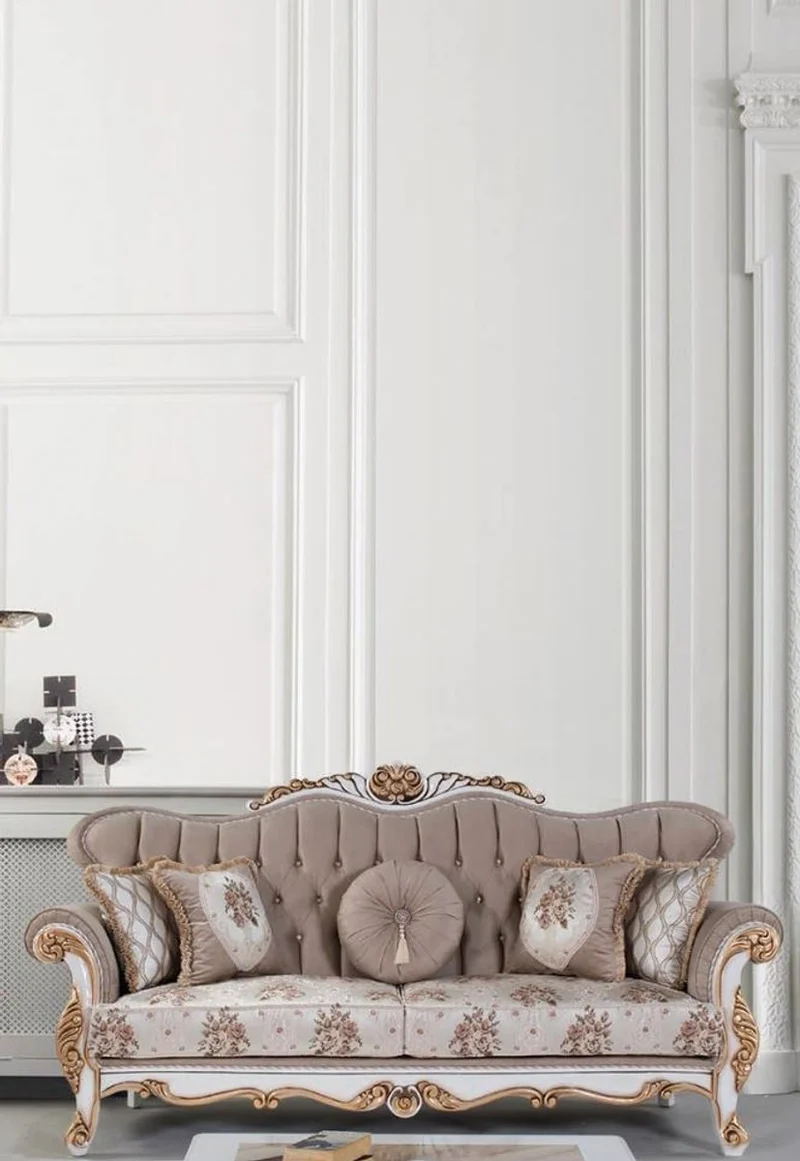Casa Padrino Luxus Barock Sofa mit Kissen Grau / Mehrfarbig / Weiß / Bronze 232 x 87 x H. 101 cm - Wohnzimmer Couch mit Blumenmuster und wunderschönen Verzierungen