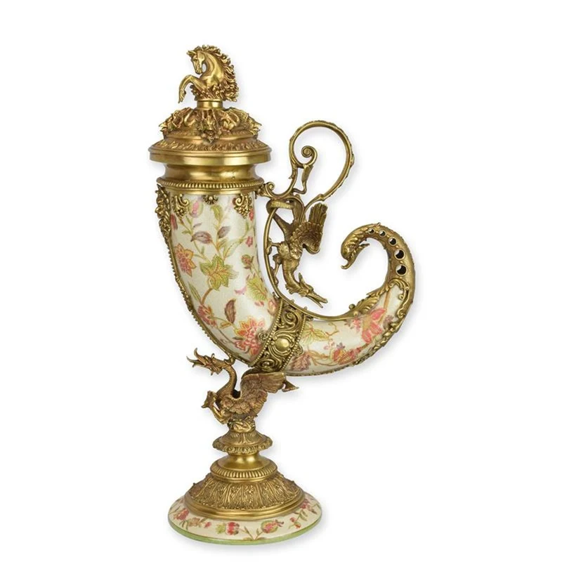 Casa Padrino Jugendstil Füllhorn mit Sockel Creme / Mehrfarbig / Gold 17,4 x 29,5 x H. 52 cm - Porzellan Deko Horn mit Bronze - Barock & Jugendstil Deko
