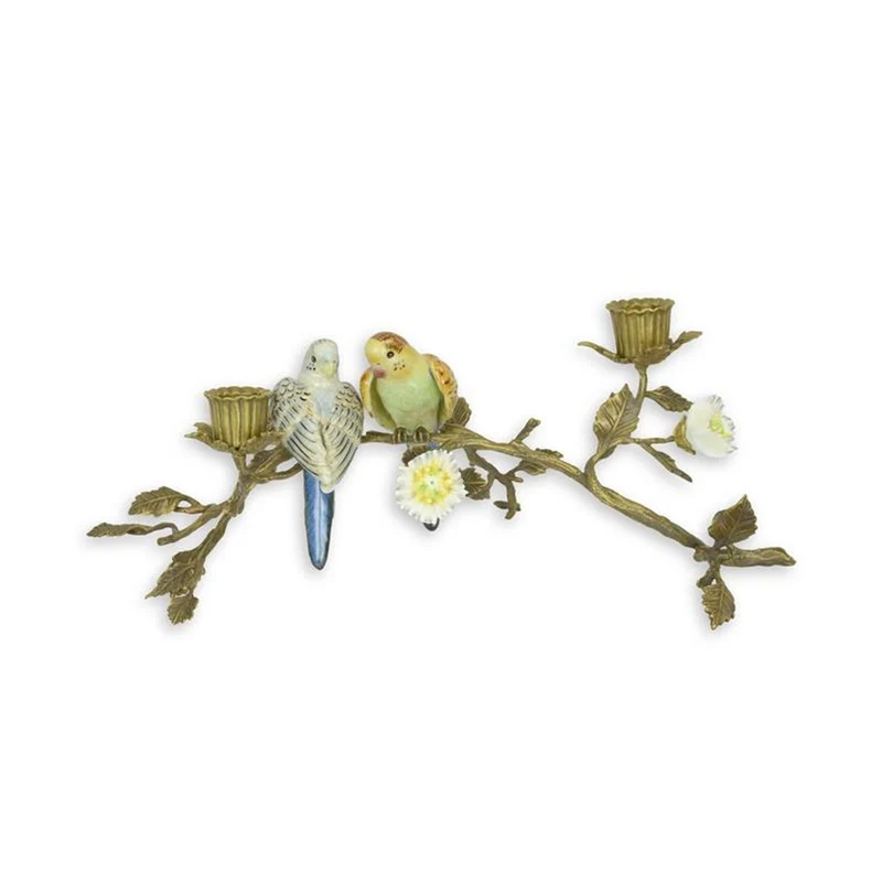 Casa Padrino Jugendstil Kerzenhalter Blütenzweig mit Vögeln Gold / Mehrfarbig 21 x 37,9 x H. 15,3 cm - Bronze Kerzenständer mit Porzellan Vögeln - Barock & Jugendstil Deko Accessoires