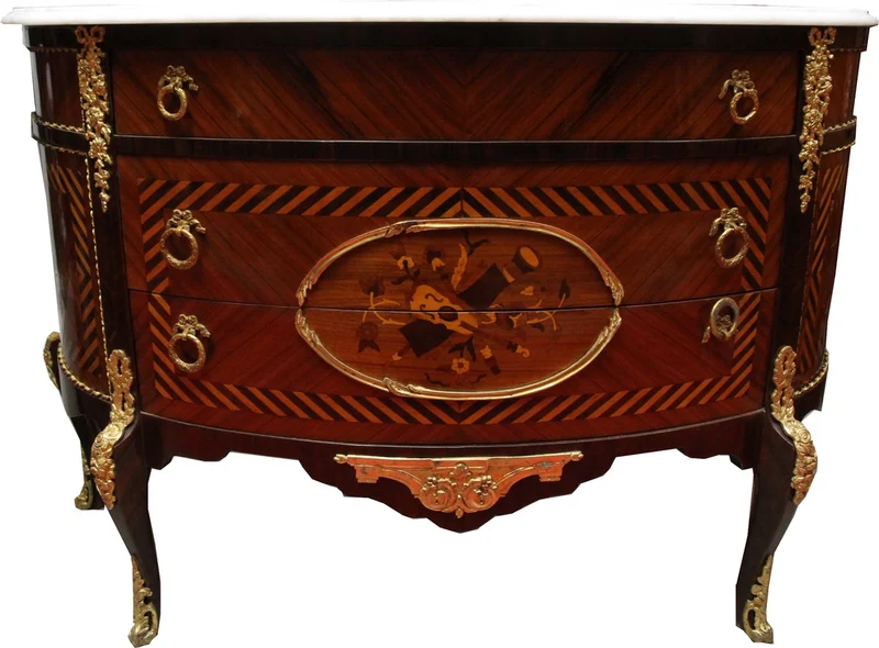 Französische Antik Stil Kommode Intarsien Braun mit weißer Marmorplatte - Barock Möbel