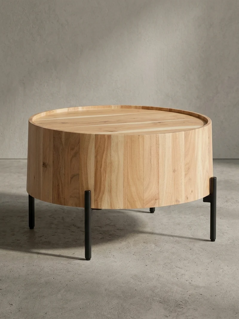 Couchtisch Akazie Massivholz Rund 60x60x41cm Metallgestell Braun/Schwarz