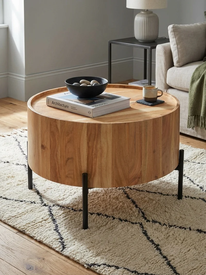 Couchtisch Akazie Massivholz Rund 60x60x41cm Metallgestell Braun/Schwarz