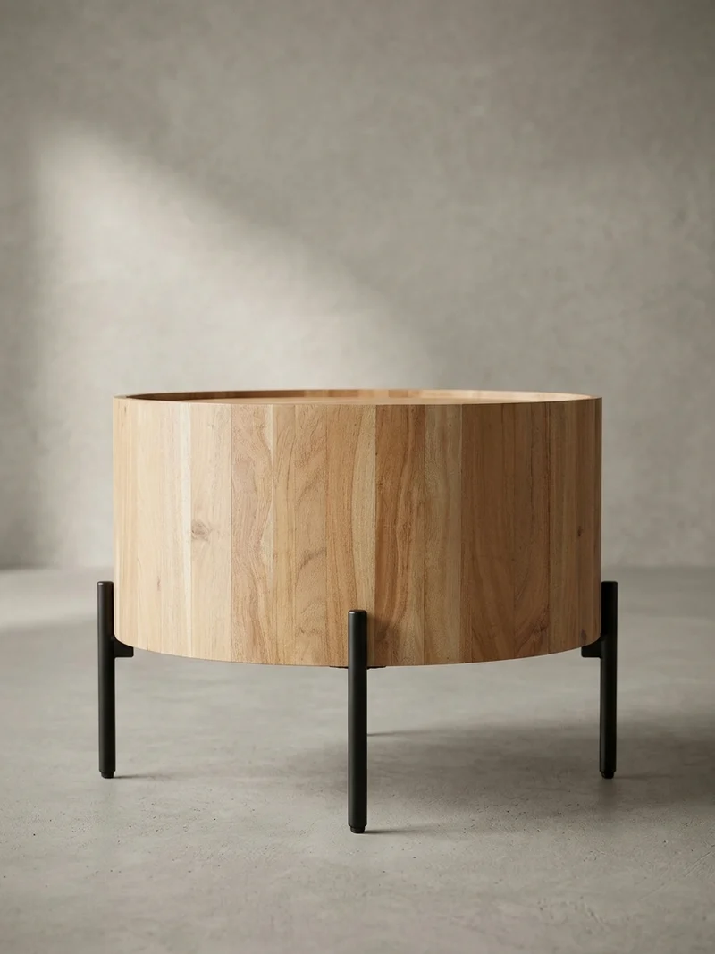 Couchtisch Akazie Massivholz Rund 60x60x41cm Metallgestell Braun/Schwarz