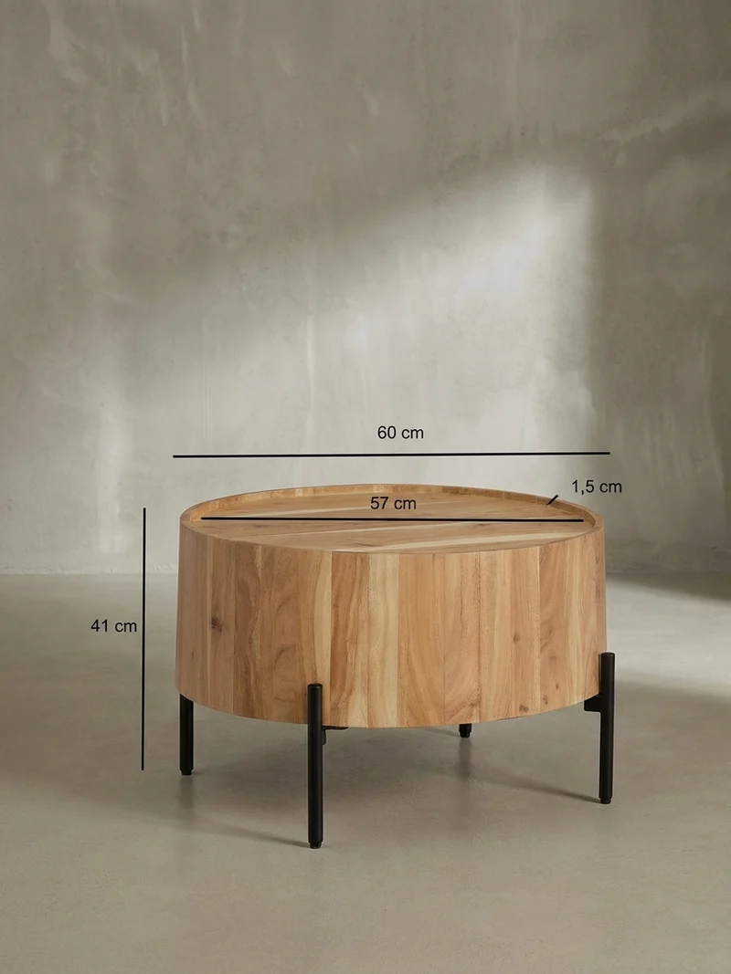 Couchtisch Akazie Massivholz Rund 60x60x41cm Metallgestell Braun/Schwarz