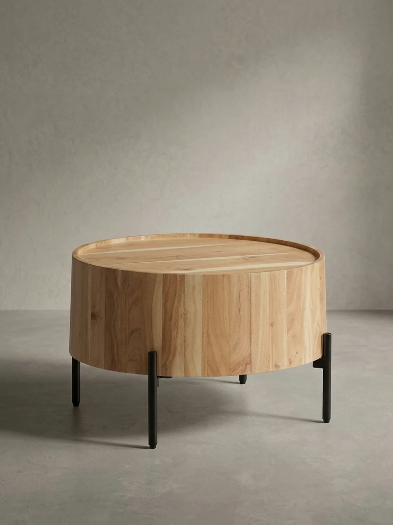 Couchtisch Akazie Massivholz Rund 60x60x41cm Metallgestell Braun/Schwarz