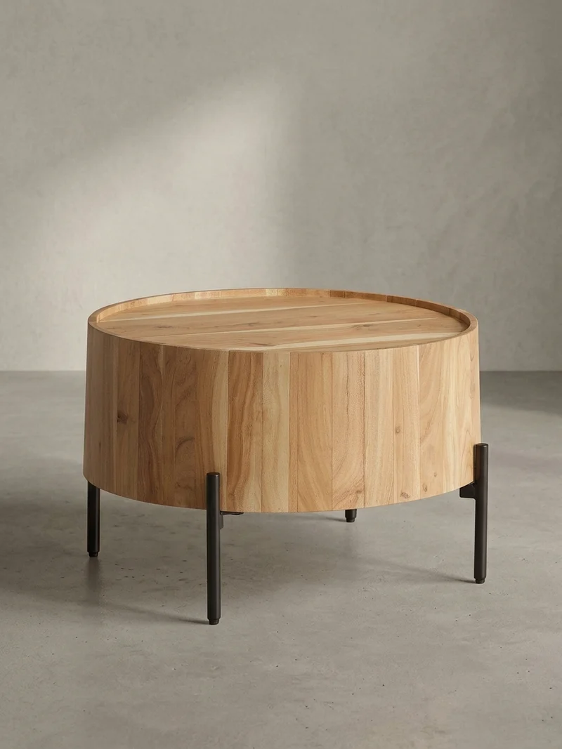Couchtisch Akazie Massivholz Rund 60x60x41cm Metallgestell Braun/Schwarz
