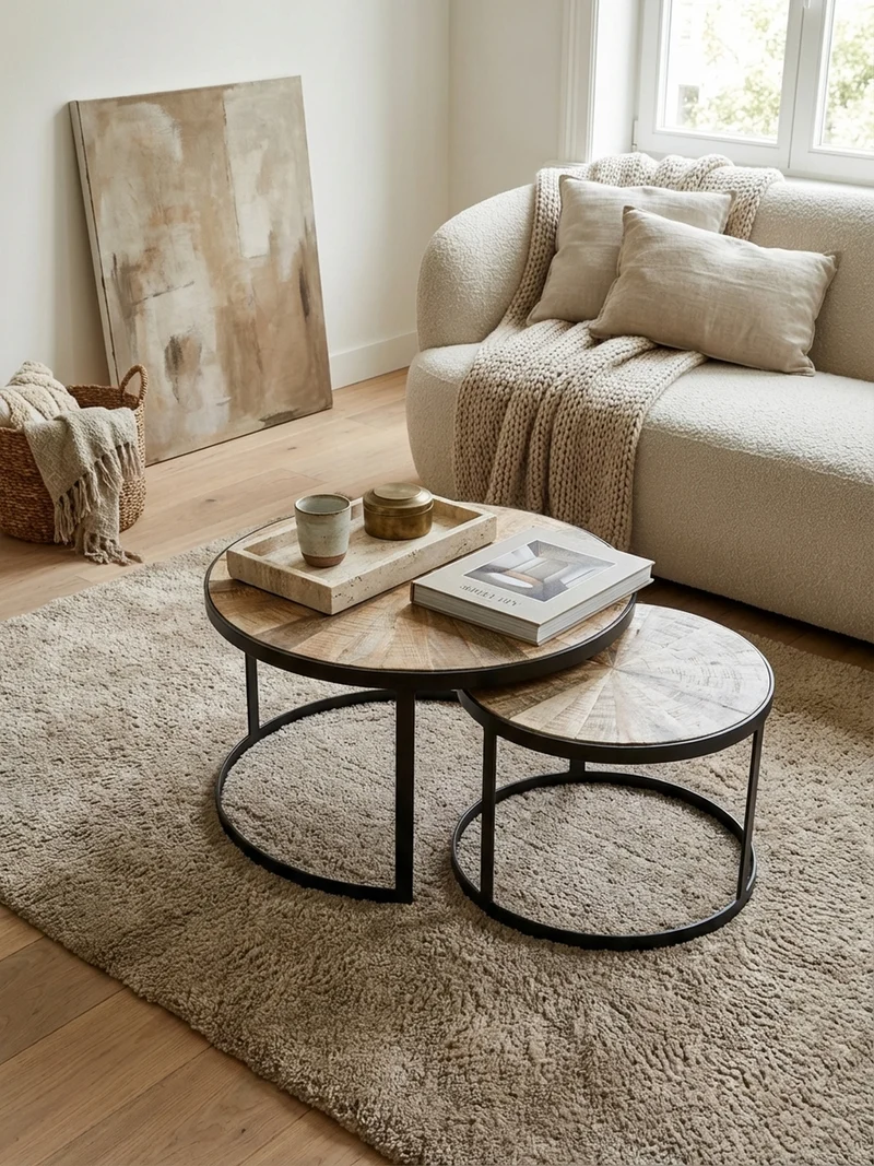Couchtisch 2er Set Massivholz Metall Platzsparend Handgefertigt