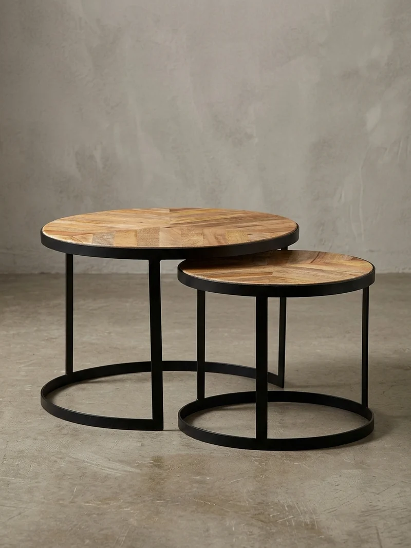 Couchtisch 2er Set Massivholz Metall Platzsparend Handgefertigt