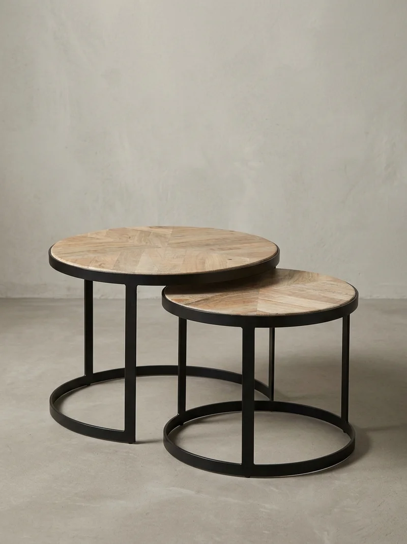Couchtisch 2er Set Massivholz Metall Platzsparend Handgefertigt