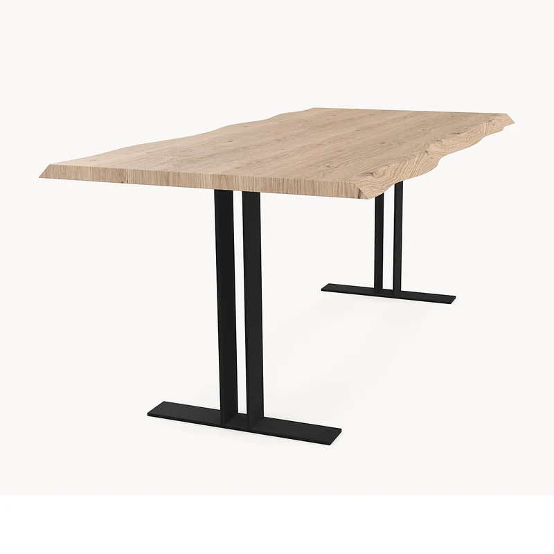 Eiken boomstamrand eettafel - T onderstel metaal