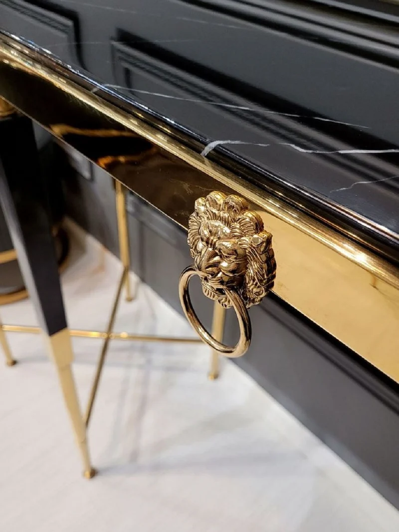 Casa Padrino Luxus Konsole Schwarz / Gold 140 x 40 x H. 85 cm - Rechteckiger Konsolentisch mit Kunstmarmor Tischplatte - Wohnzimmer Möbel - Luxus Möbel - Luxus Einrichtung