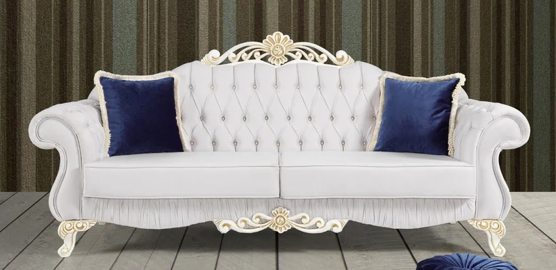 Casa Padrino Barock Sofa Hellgrau / Weiß / Gold 235 x 85 x H. 112 cm - Edles Wohnzimmer Sofa mit Glitzersteinen - Barock Möbel