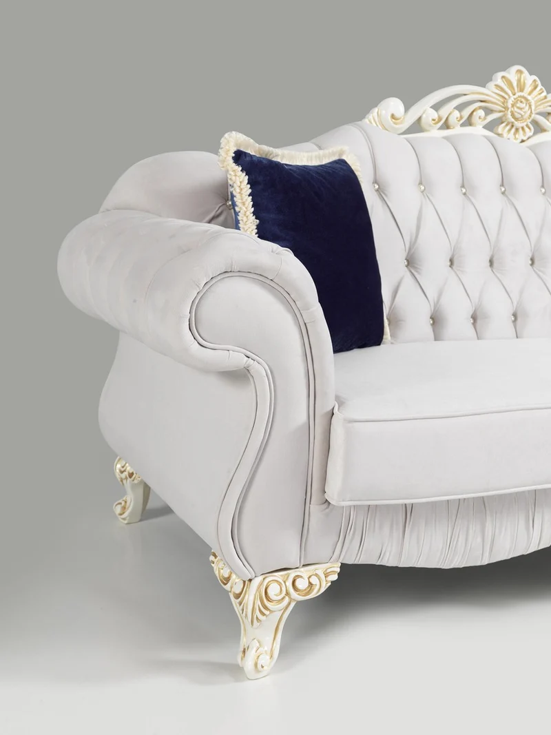 Casa Padrino Barock Sofa Hellgrau / Weiß / Gold 235 x 85 x H. 112 cm - Edles Wohnzimmer Sofa mit Glitzersteinen - Barock Möbel