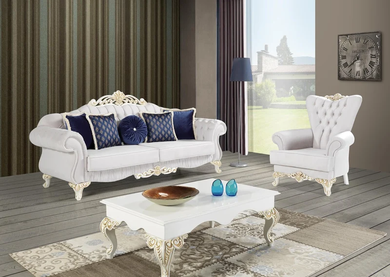 Casa Padrino Barock Sofa Hellgrau / Weiß / Gold 235 x 85 x H. 112 cm - Edles Wohnzimmer Sofa mit Glitzersteinen - Barock Möbel