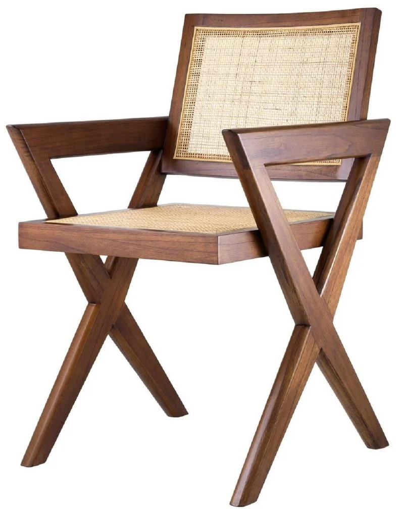 Casa Padrino Luxus Esszimmerstuhl Braun / Naturfarben 53 x 57 x H. 84,5 cm - Massivholz Stuhl mit Armlehnen und handgewebtem Rattangeflecht - Luxus Esszimmer Möbel