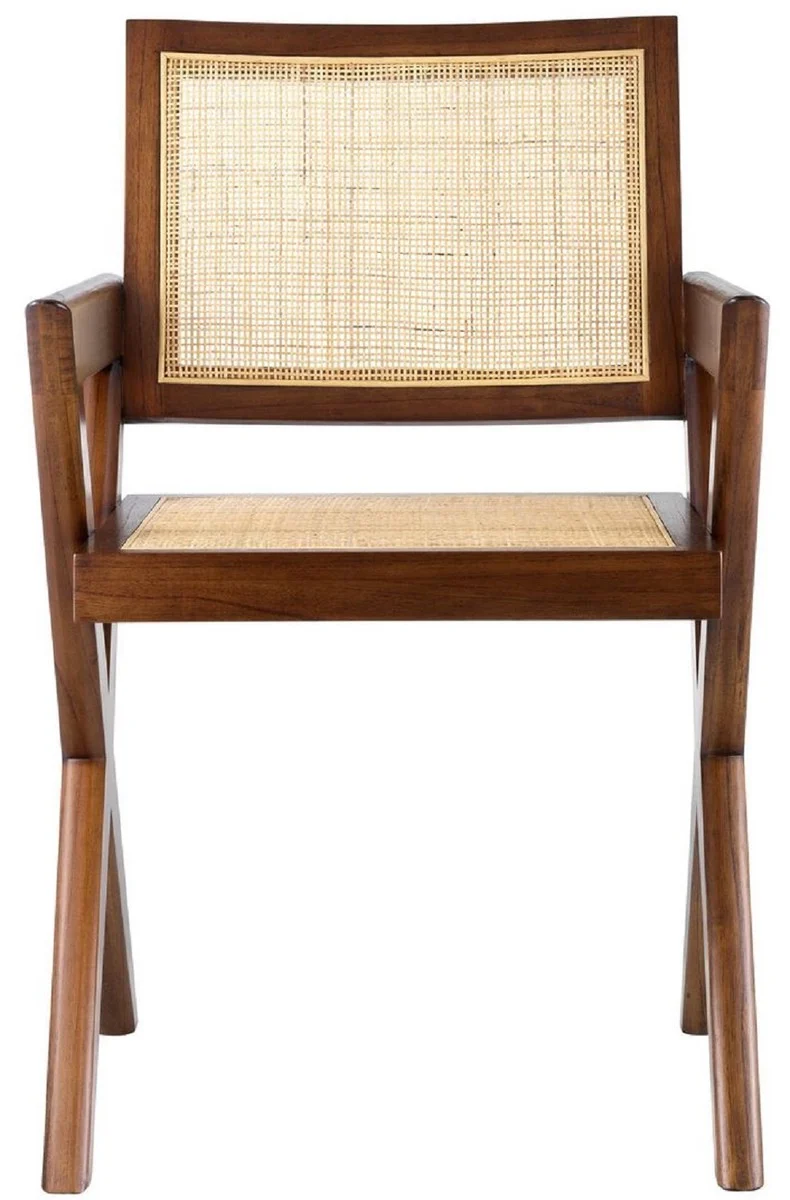 Casa Padrino Luxus Esszimmerstuhl Braun / Naturfarben 53 x 57 x H. 84,5 cm - Massivholz Stuhl mit Armlehnen und handgewebtem Rattangeflecht - Luxus Esszimmer Möbel