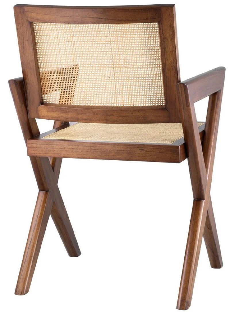 Casa Padrino Luxus Esszimmerstuhl Braun / Naturfarben 53 x 57 x H. 84,5 cm - Massivholz Stuhl mit Armlehnen und handgewebtem Rattangeflecht - Luxus Esszimmer Möbel