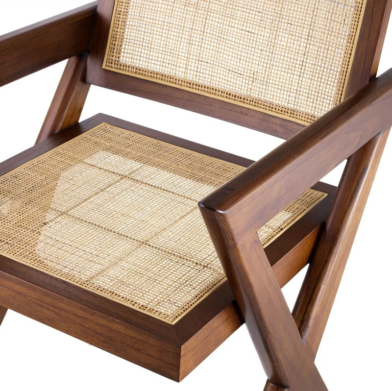 Casa Padrino Luxus Esszimmerstuhl Braun / Naturfarben 53 x 57 x H. 84,5 cm - Massivholz Stuhl mit Armlehnen und handgewebtem Rattangeflecht - Luxus Esszimmer Möbel