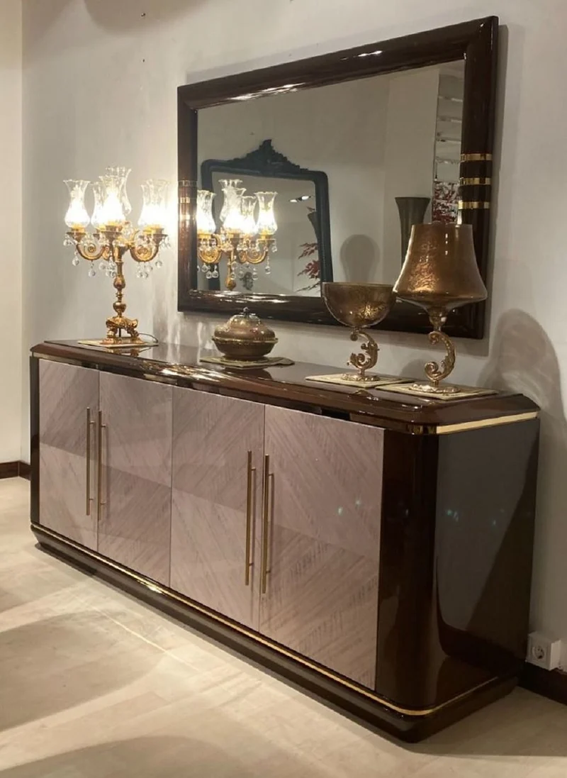 Casa Padrino Luxus Möbel Set Dunkelbraun / Grau / Gold - 1 Sideboard mit 4 Türen & 1 Wandspiegel - Luxus Hotel Möbel