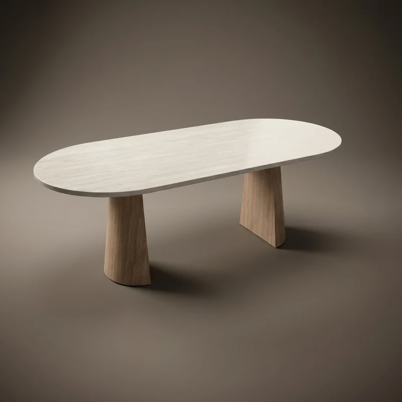 Melamine eettafel Soft Moon Grey - Plat-Ovaal - Half cone eiken onderstel - Japandi