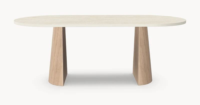 Melamine eettafel Soft Moon Grey - Plat-Ovaal - Half cone eiken onderstel - Japandi