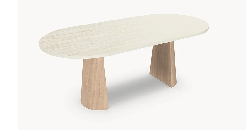 Melamine eettafel Soft Moon Grey - Plat-Ovaal - Half cone eiken onderstel - Japandi