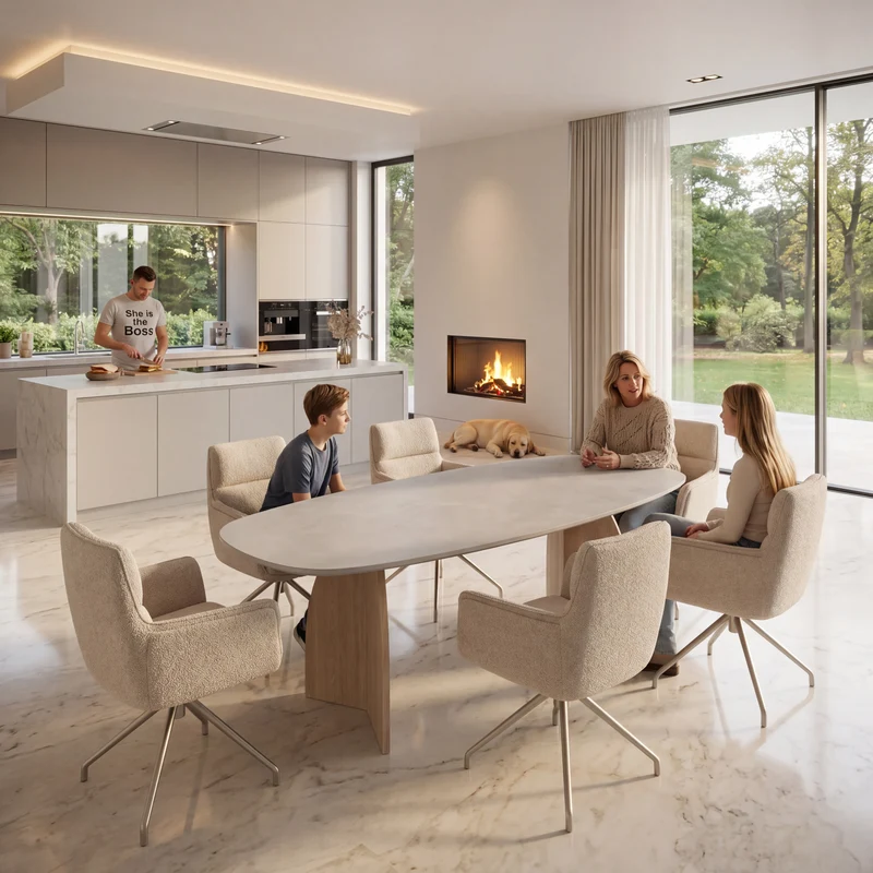 HPL eettafel Light Concrete - Deens Recht - V eiken onderstel - Japandi