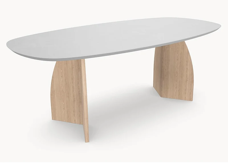 Melamine eettafel Light Concrete - Deens Recht - V eiken onderstel - Japandi