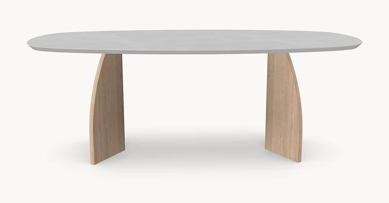 Melamine eettafel Light Concrete - Deens Recht - V eiken onderstel - Japandi