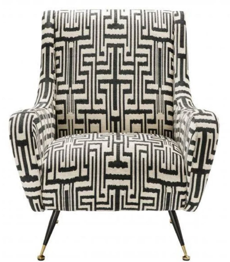Casa Padrino Luxus Sessel Schwarz / Weiß / Messingfarben 80 x 90 x H. 88 cm - Wohnzimmer Sessel - Wohnzimmermöbel
