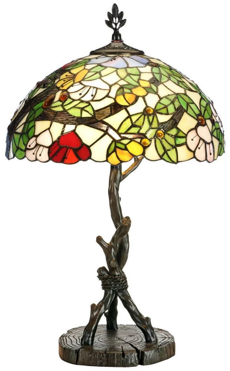 Casa Padrino Luxus Tiffany Tischleuchte Mehrfarbig / Schwarz Ø 40 x H. 62 cm - Runde Tiffany Schreibtischleuchte - Wohnzimmer Deko Leuchte - Scheibtisch Deko Leuchte - Luxus Tiffany Leuchten