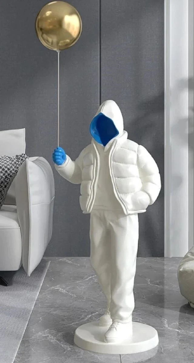 Casa Padrino Luxus Designer XXL Deko Skulptur Junge mit Luftballon Weiß / Blau / Gold H. 68 cm - XXL Kunstharz Deko Figur - Wohnzimmer Deko - Luxus Designer Deko Accessoires - Luxus Qualität