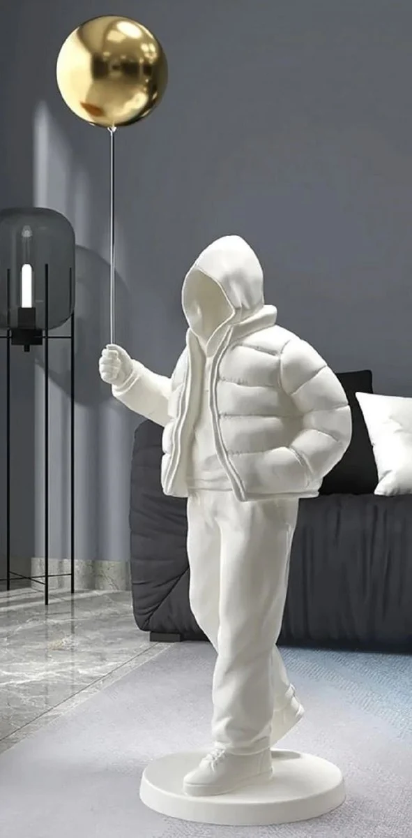 Casa Padrino Luxus Designer XXL Deko Skulptur Junge mit Luftballon Weiß / Gold H. 68 cm - XXL Kunstharz Deko Figur - Wohnzimmer Deko - Luxus Designer Deko Accessoires - Luxus Qualität