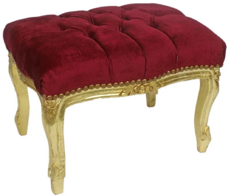 Casa Padrino Barock Fußhocker Bordeauxrot / Gold 50 x 40 x H. 35 cm - Handgefertigter Barock Hocker mit Glitzersteinen - Barockstil Möbel